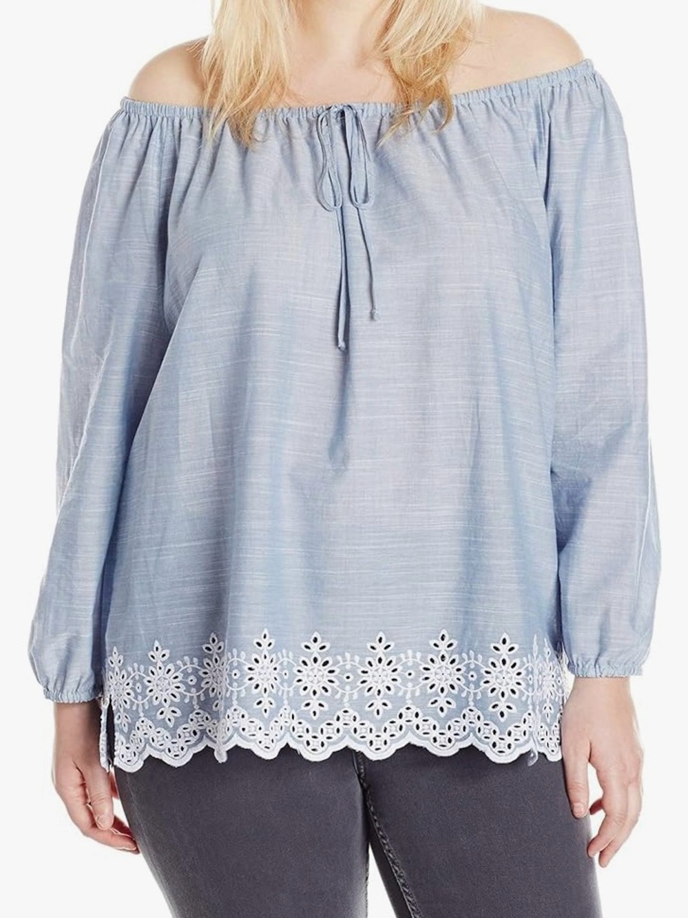 NYDJ Blue Chambray Off-The-Shoulder Eyelet Embroidered Top 1X
